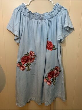 a.n.a Light Blue Off-Shoulder Dress with Red Rose Embroidery